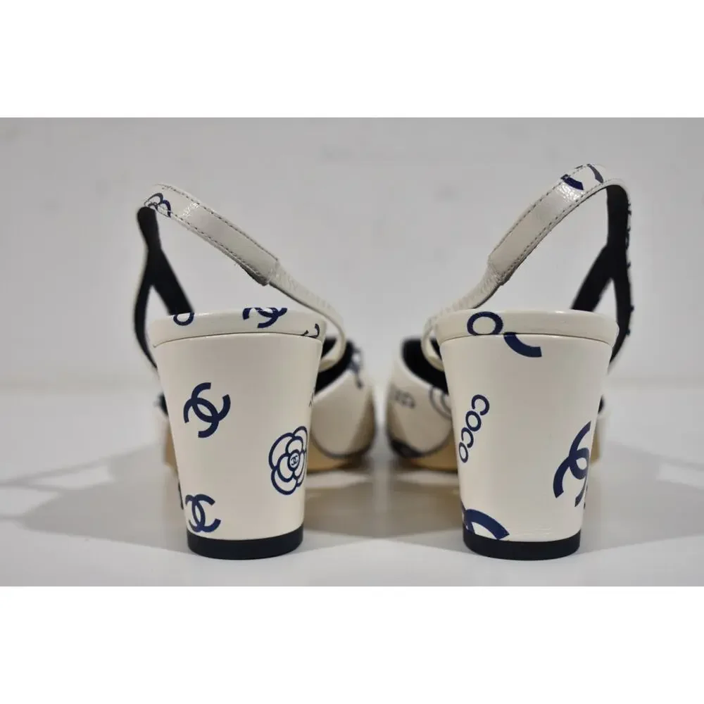 Chanel 23P Mademoiselle Coco Sling White Blue CC Logo Slingback Sandal Heel 40 - Picture 9 of 10